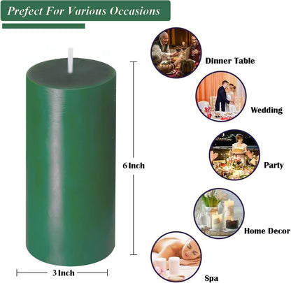 2 Pack 3x6 Inch Sage Green Unscented Pillar Candles - 70 Hour Long Burning Dripless Smokeless Candles for Home Decor Weddings Festivals Spa Meditation