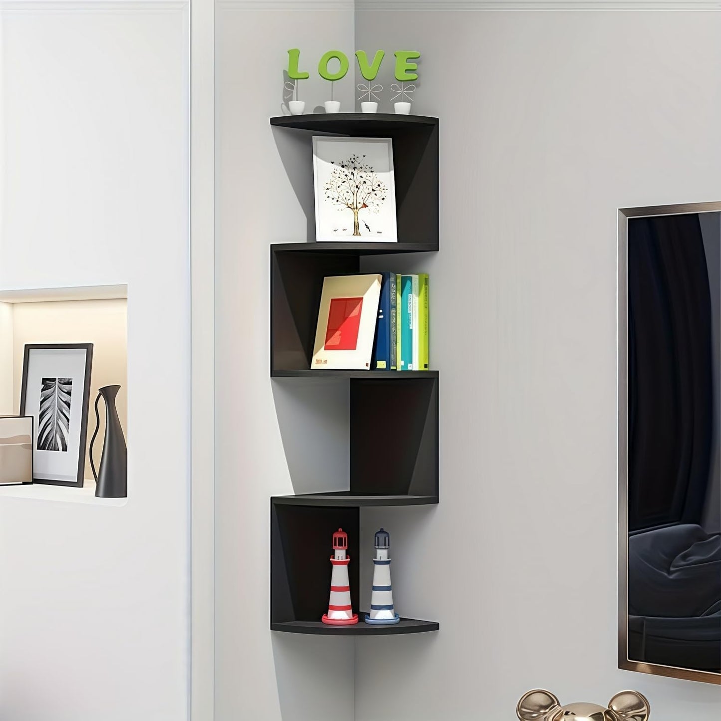 5-Tier Floating Corner Shelf Wall Mount, Heavy Duty Wall Corner Bookshelf, Multi-Purpose Plant Display Shelf for Bedroom Living Room Bathroom Home Office, (Black)