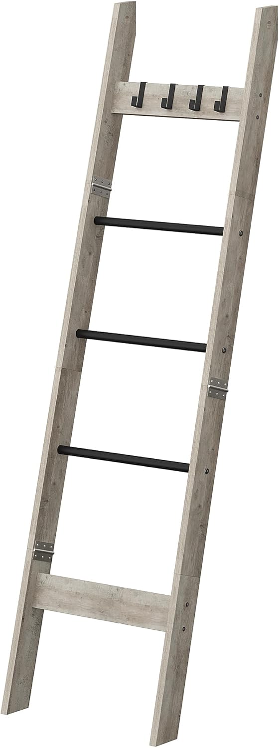Hzuaneri Blanket Ladder for Living Room, Decorative Quilt Rack with 4 Removable Hooks, 5-Tier Farmhouse Ladder Holder Shelf Organizer for Bedroom, Rustic Brown and Black 02101BBR