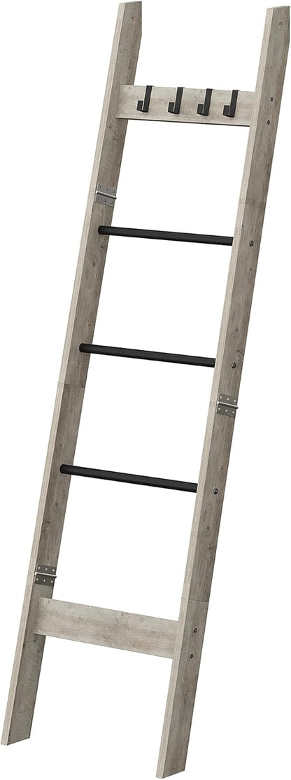 Hzuaneri Blanket Ladder for Living Room, Decorative Quilt Rack with 4 Removable Hooks, 5-Tier Farmhouse Ladder Holder Shelf Organizer for Bedroom, Rustic Brown and Black 02101BBR