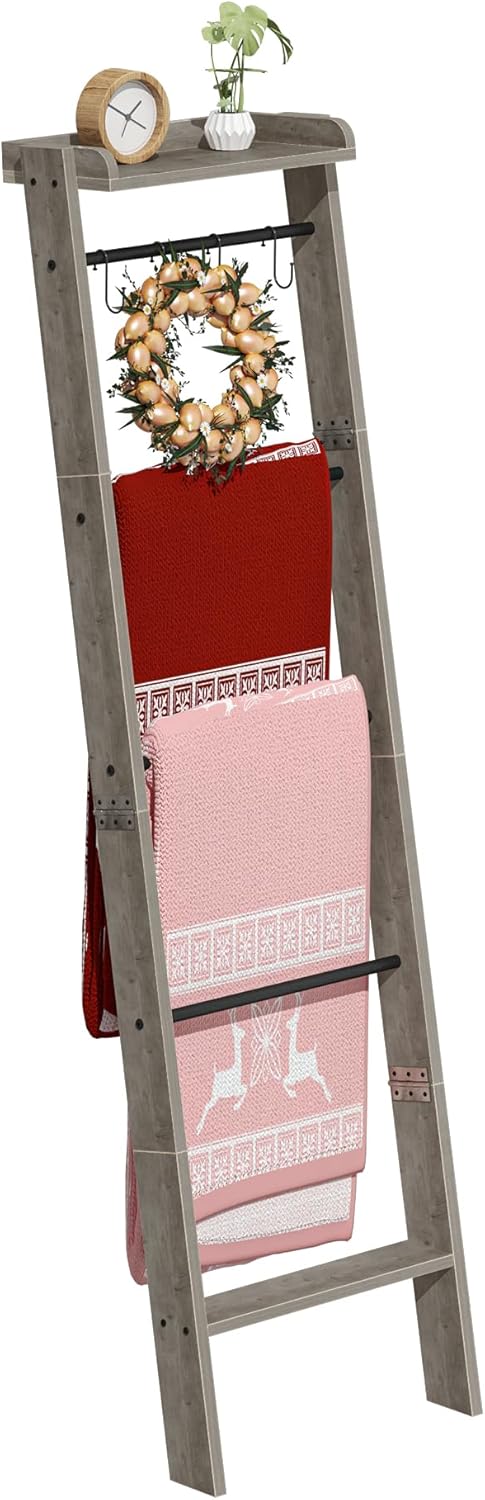 Hzuaneri Blanket Ladder Shelf, Decorative Quilt Rack, 6-Tier Farmhouse Ladder Holder Organizer with 4 Removable Hooks 7.9" D x 17.3" W x 63.4" H, Rustic Brown BR35801B
