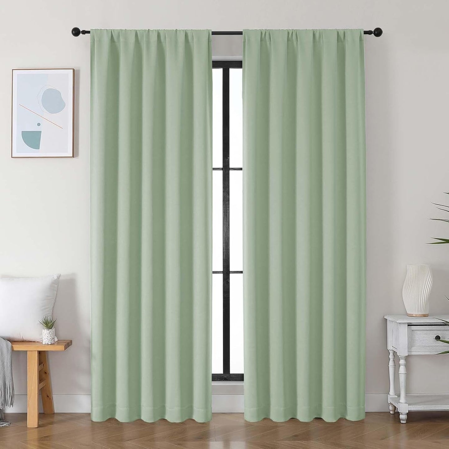 Simplebrand Ava Sage Green Blackout Curtains for Bedroom 63 Inch Length 2 Panels Set, Solid Thermal Insulated Energy Saving Rod Pocket Window Treatment Curtains Blackout Drapes, W40 x L63 Inch, Sage - Colors C