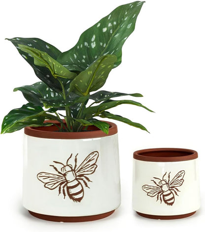 YBX 8 Inch + 6 Inch Ceramic Plant Pots, Succulent Flower Pots with Drainage Holes, Terracotta Planters for Indoor Plants, White&Terracotta (Garden)