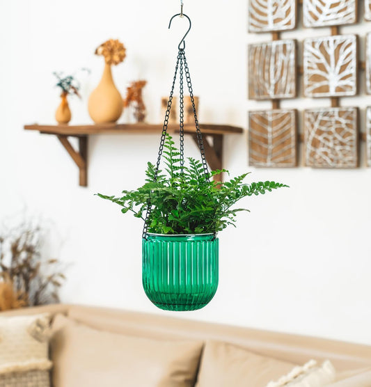 Melphoe 2 Pack Self Watering Hanging Planters Indoor Flower Pots, 6.5 Inch Outdoor Hanging Basket, Plant Hanger with 3Hooks Drainage Holes for Garden Home (Emerald)