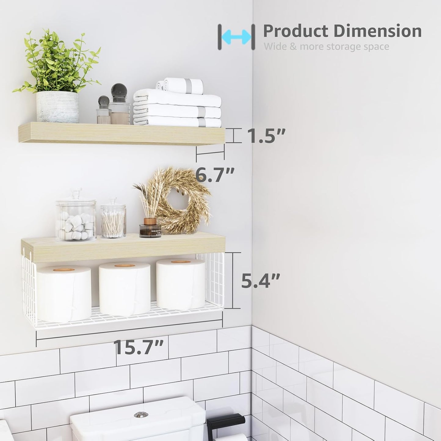 QEEIG Bathroom Shelves Over Toilet - Wall Mounted Floating Shelves Toilet Paper Storage Small Farmhouse Decor Shelf 16 inch Set of 3, Rustic Brown (019-BN3)