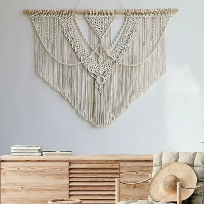 oiikain Large Handmade Boho Macrame Wall Hanging Tapestry - Chic Bohemian Woven Home Decor art for Living Room, Bedroom, and Wedding Parties (Beige, twelve rhombus)