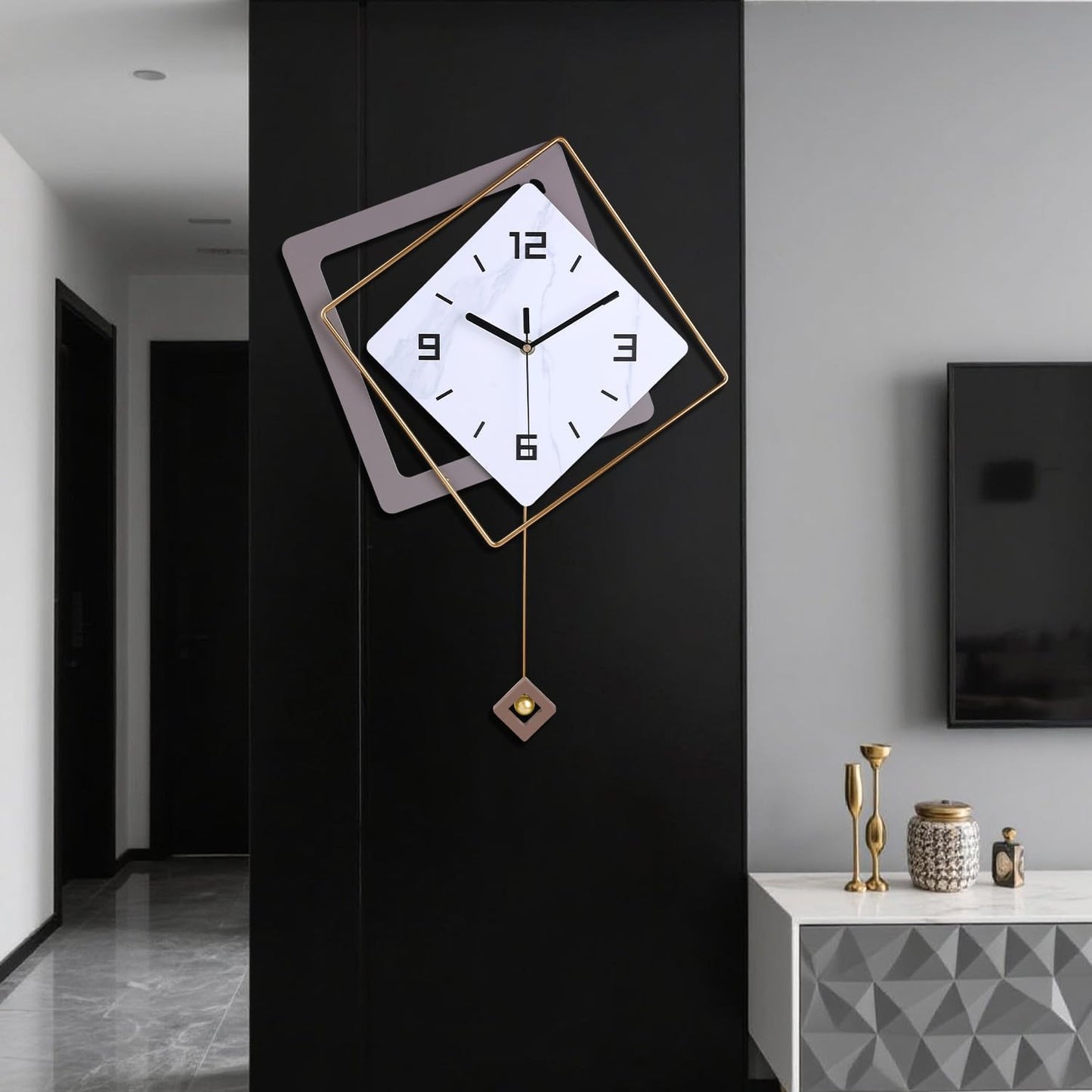 Wall Clock with Pendulum,Silent Quality Quartz Battery Operated,Modern Large Wall Clocks for Living Room Kitchen Home Bathroom Bedroom Wall Decor,16.2x26Inch(Black)