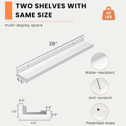 Heimlove Picture Ledge Shelf, Floating Shelves Set of 2, 24 Inches Picture Shelf for Wall with Ledge, Kids Bookshelf Wall Mounted for Living Room Bedroom Decor Books Photo Frames - White