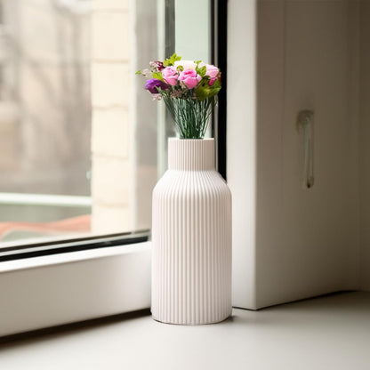 Bohemian White Ceramic Vase - for Pampas Grass, Mantel, Bookshelf, Entryway and Living Room Decor (White, 7in)