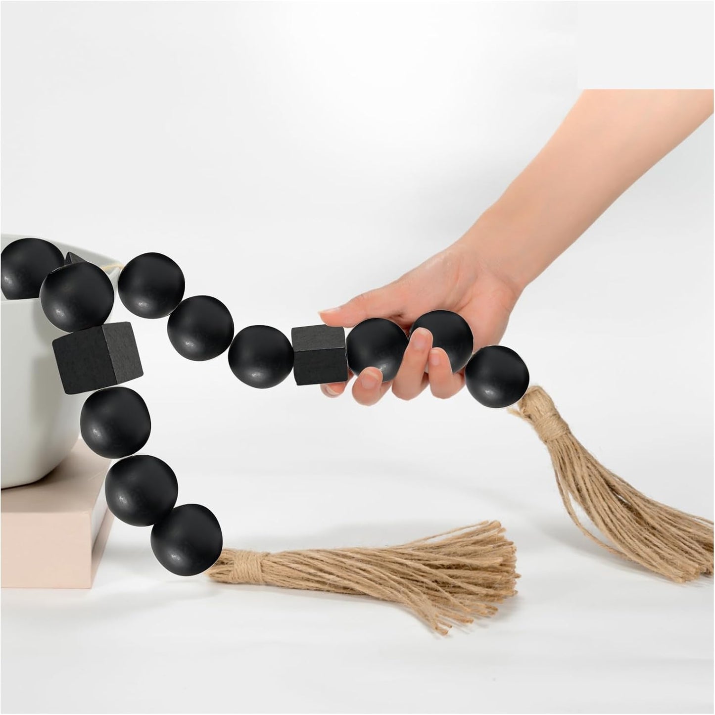 OMISHE Extra Large Wood Bead Garland with 1.6" Diameter Wooden Beads and Tassels, 41" Long Rustic Farmhouse Country Decorative Beads for Home Tiered Tray Decor, Natural Beige