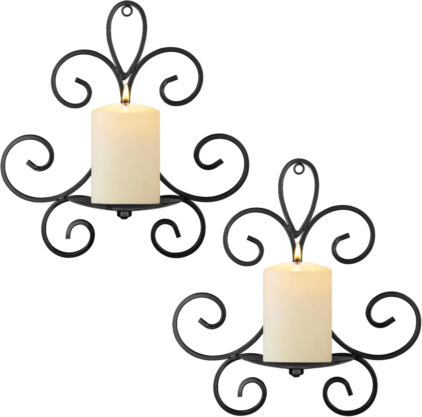 Wall Candle Sconces Set of 2, Double Scroll Pattern Candle Sconces, Metal Wall Candle Holder for Home Decor, Living Room, Dining Room, Bedroom, Black, Gifts for Men Women Mom or Dad