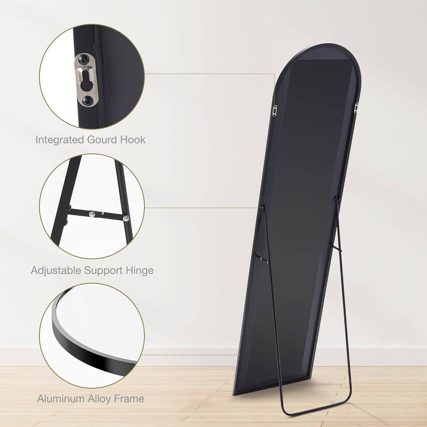 DUMOS Arched Full Length Mirror with Stand 64"x21" Floor Standing Aluminum Frame for Bedroom Body Hanging Leaning Modern Simple Home Decor Shatter-proorf Nano Glass Wall Living Room Cloakroom Black