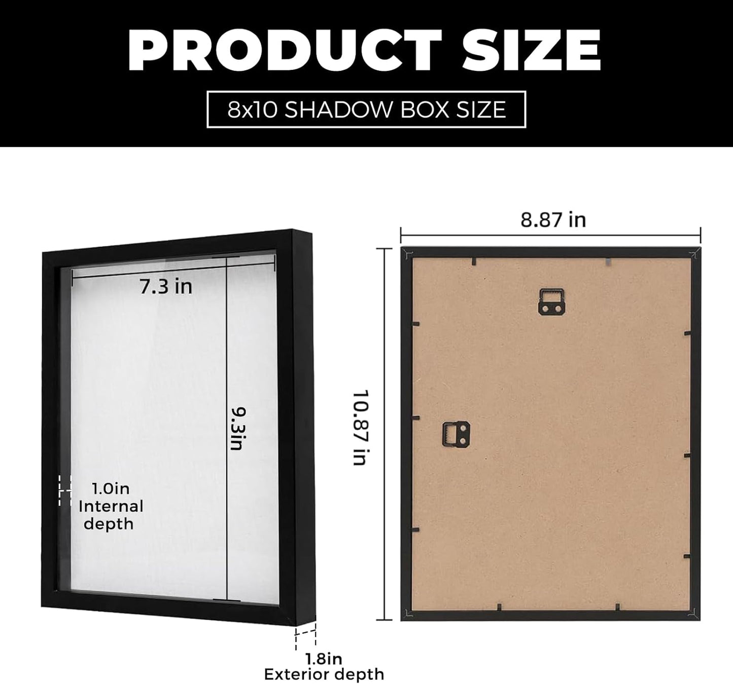Muzilife 8x8 Shadow Box Picture Frame with Linen Board - Deep Wood & Glass Display Case Ready to Hang Memory Box Baby Sports Memorabilia, Pins, Awards, Medals, Wedding, Tickets and Photos (Black)
