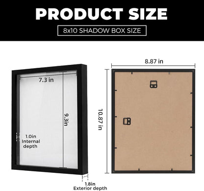 Muzilife 8x8 Shadow Box Picture Frame with Linen Board - Deep Wood & Glass Display Case Ready to Hang Memory Box Baby Sports Memorabilia, Pins, Awards, Medals, Wedding, Tickets and Photos (Black)