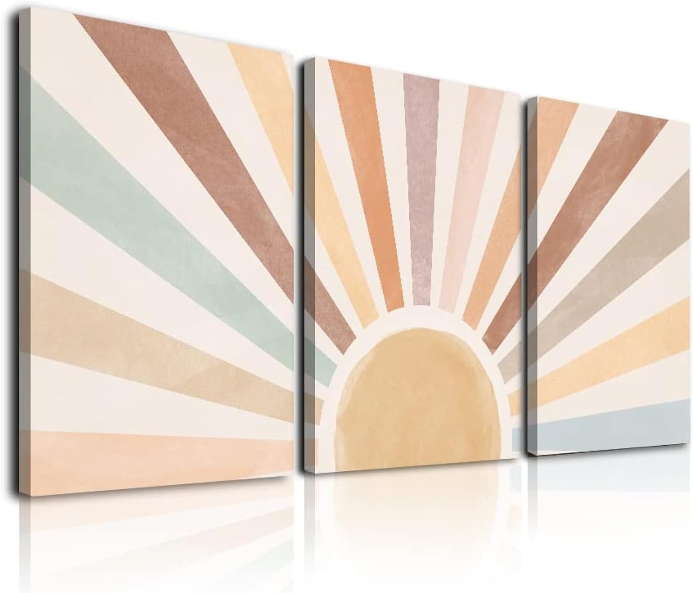 Sage Green Boho Wall Art Set of 3, Minimalist Framed Wall Art Geometric Line Leaf Sun Moon Beige Green Canvas Artwork Paintings, Abstract Botanical Boho Room Decor, Office, 12"x16"