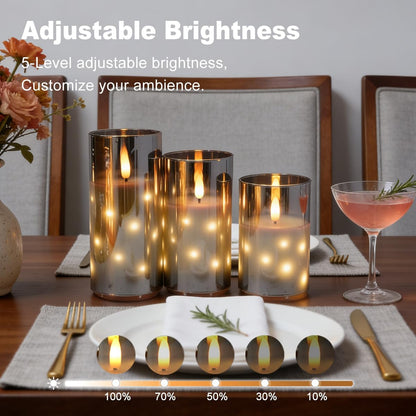 Rechargeable Flameless Glass Pillar Candles–Gifts for Women,–Set of 3, Realistic Flickering LED Light,Remote & Timer, Ideal for Living Room, Bedroom & Festival Wedding Home Party Decor
