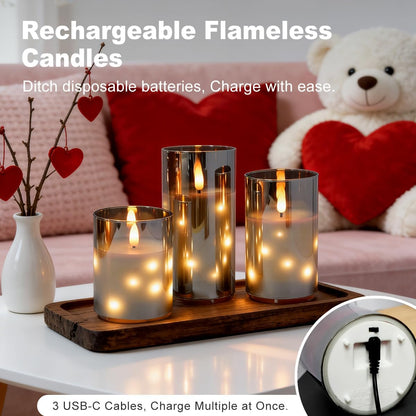 Rechargeable Flameless Glass Pillar Candles–Gifts for Women,–Set of 3, Realistic Flickering LED Light,Remote & Timer, Ideal for Living Room, Bedroom & Festival Wedding Home Party Decor