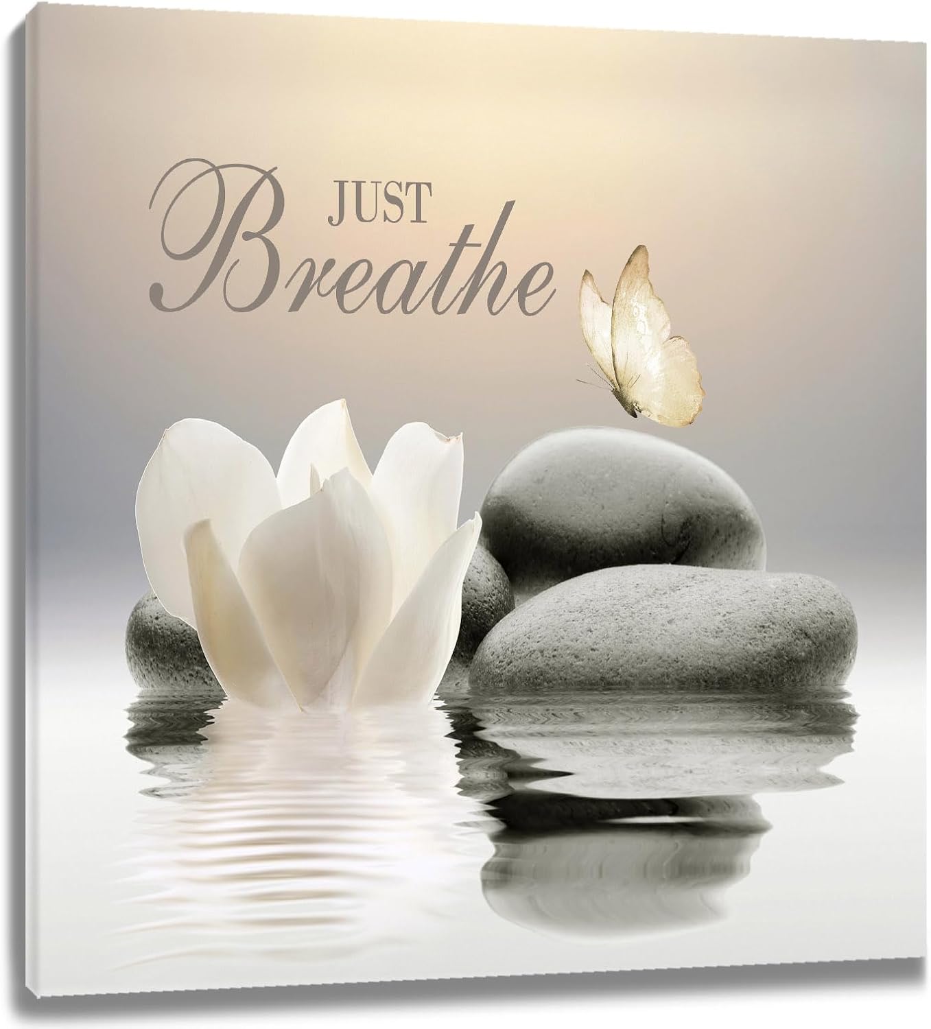 EOBTAIN Zen Flower Canvas Wall Art Bathroom Butterfly and Water Lily Stone Relaxing Spiritual Yoga Framed Wall Art Just Breathe Pictures Canvas Wall Decor for Living Room Bedroom,12x16 Inches