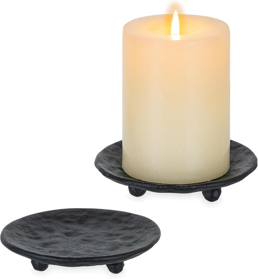Cast Iron Candle Holder: 4.6 in Pillar Gold Candle Plate Brass Pedestal Stand Vintage Decorative Tray for 3 Wick Jar Candles Tealight Votive for Table Home Christmas Set of 2
