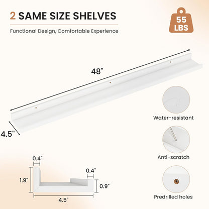 Dreamland Picture Ledge Shelf for Wall, Floating Shelves Set of 2, 48 Inch Long Floating Shelves with Lip for Living Room, Bedroom, Bathroom, Kitchen, White
