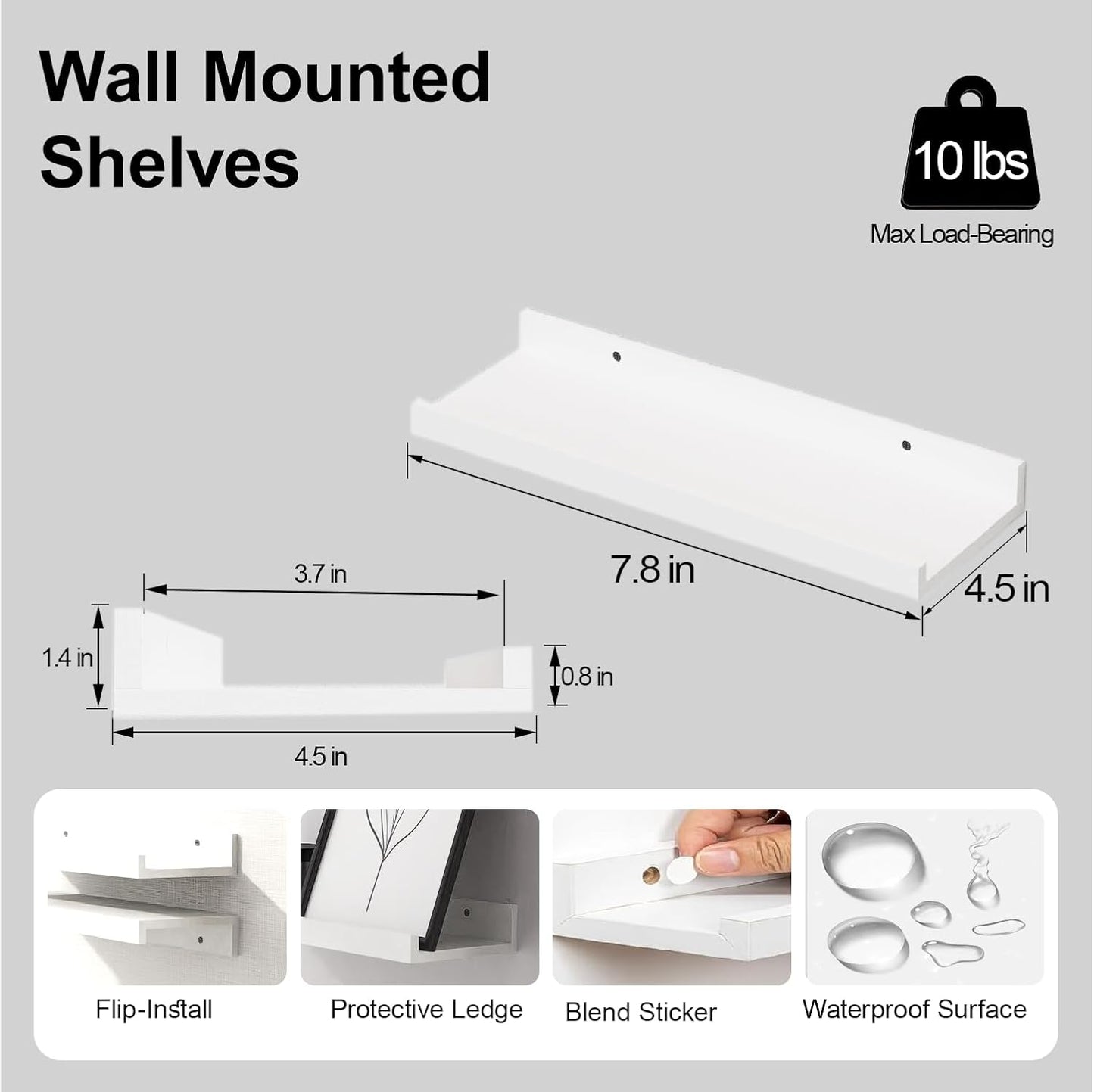 White Floating Shelves for Wall Decor, Wall Mounted Wood Storage Shelf for Bedroom, Living Room, Bathroom, Kitchen, Nursery, Display Picture Ledge Shelf with Lip Set of 2-14 Inches, White
