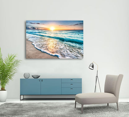Baisuart S02250 Canvas Prints Wall Art Beach Sunset Ocean Waves Nature Pictures Stretched Canvas Wooden Framed for living Room Bedroom and Office