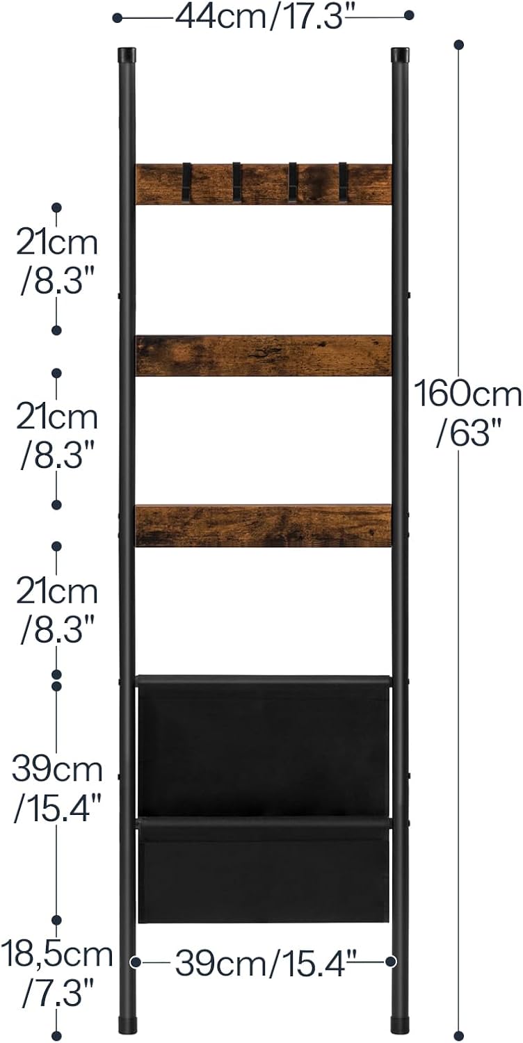 HOOBRO Blanket Ladder, 5 Tier Towel Rack, 17.3" L x 63" H, Wall-Leaning Blanket Rack for Living Room, Decorative Ladder with 4 Hooks and Magazine Pocket, Rustic Brown BF32CJ01