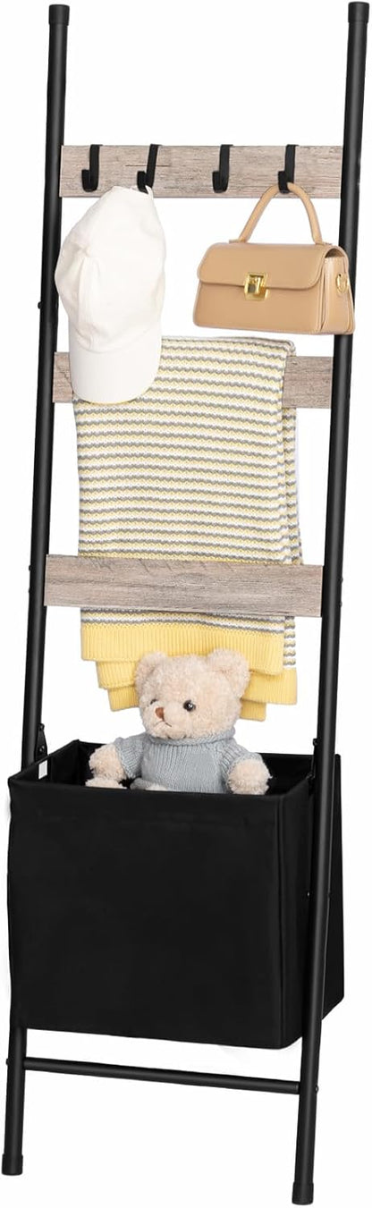 HOOBRO Blanket Ladder with Basket, 17.3”L x 63.4”H, Towel Rack with Hooks, Blanket Holder Rack, Decorative Ladder Shelf, Drying and Display Rack for Bathroom, Living Room, Rustic Brown BF31CJ01
