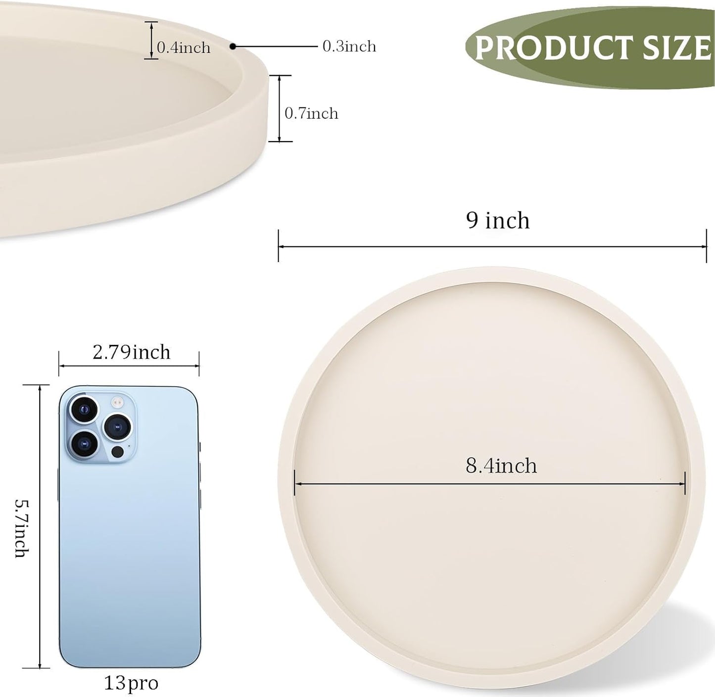 Silicone Bathroom Tray Round Vanity Tray Decorative Soap Holder Kitchen Countertop Organizer Coffee Table Decor for Candle, Perfume, Plant, 9 Inch, Black