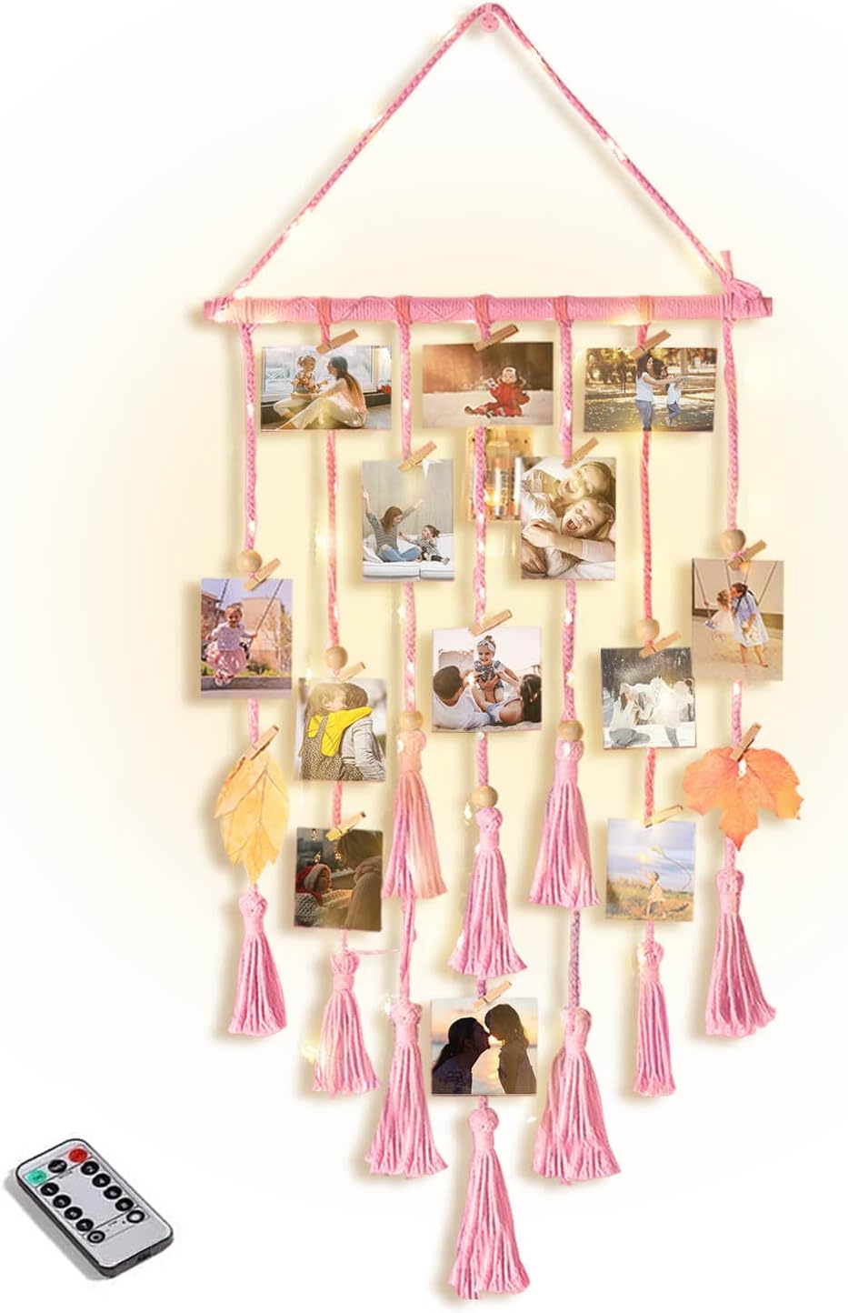 Homecor Hanging Photo Display Wall Decor, Macrame Wall Hanging Boho Room Bedroom Decor, Picture Frame Collage Board with Light 30 Clip, Christmas Teenage Teen Girl Gifts Ages 10 11 12 13 14 Years Old