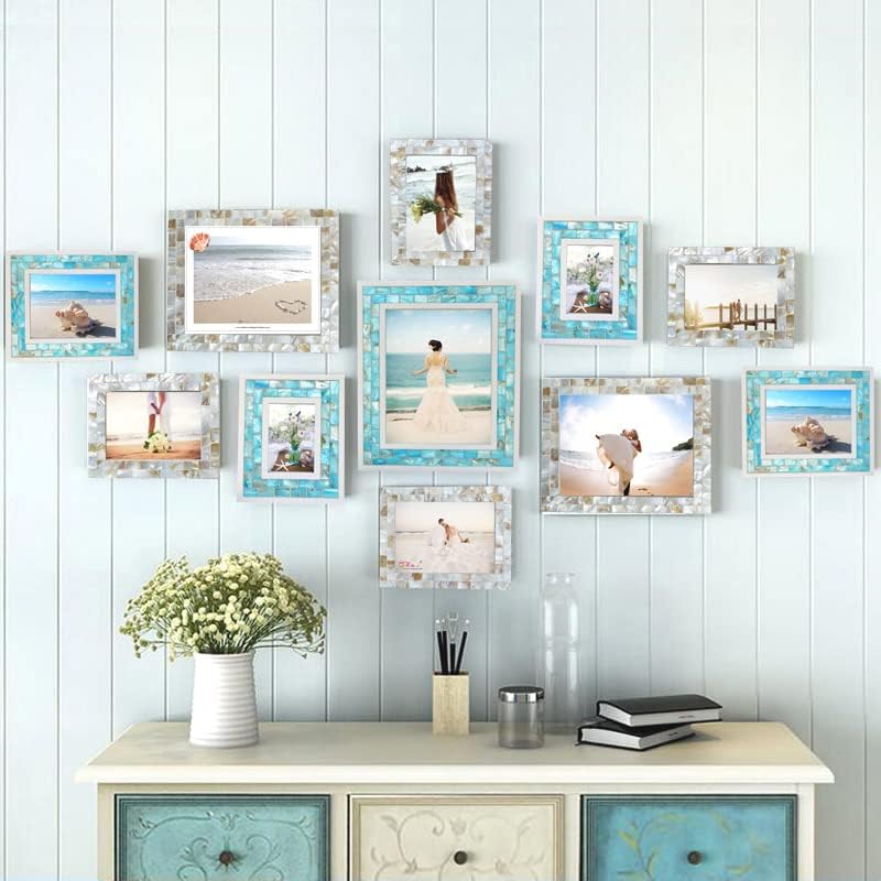 Silver Plate Picture Frame 5x7 Mother of Pearl 5 by 7 Photo Frame Mosaic Glass Tabletop Frame (Grey+ White,1pc)