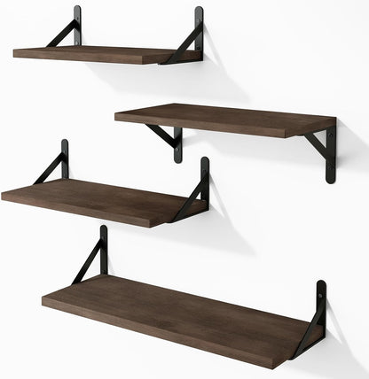 YGEOMER Floating Shelves for Wall, Different Sizes Dark Carbonized Brown Wall Shelves for Living Room, Bathroom, Bedroom, Kitchen, Home Decor (Set of 4)