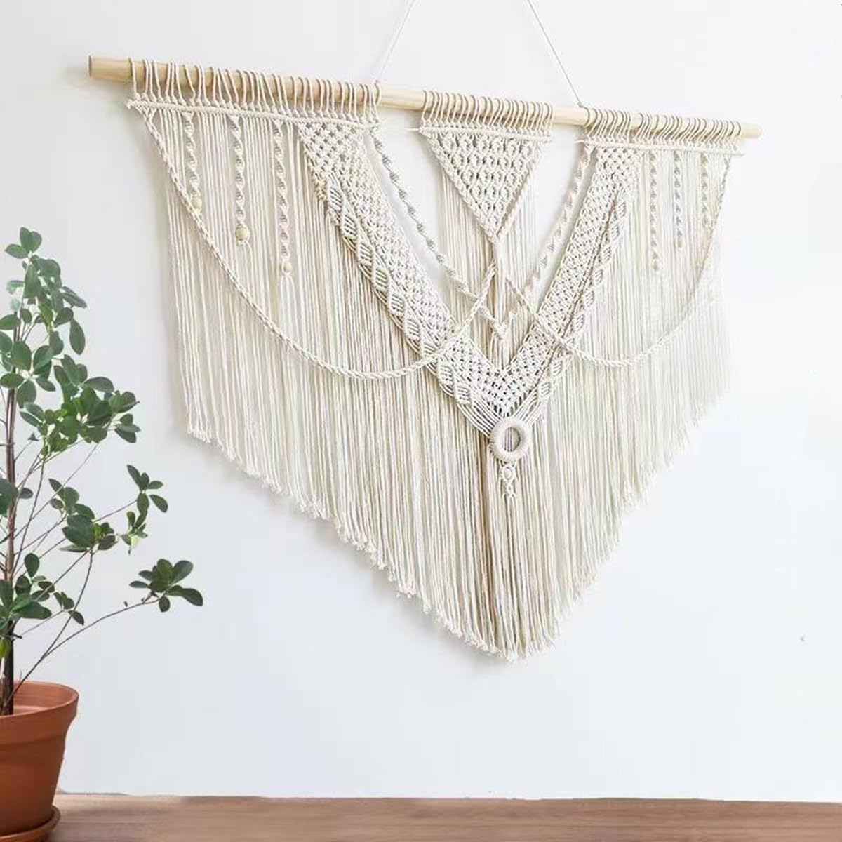 guzhiou large macrame wall hanging - Boho Tapestry Macrame Wall Decor Art- Chic Bohemian Handmade Woven Tapestry Home Decoration for Bedroom Living Room Apartment Wedding Party - 43"x32" (Wood bead)