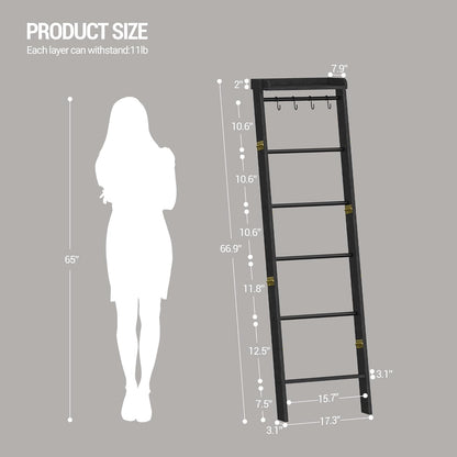 Hzuaneri Blanket Ladder Shelf, Decorative Quilt Rack, 6-Tier Farmhouse Ladder Holder Organizer with 4 Removable Hooks 7.9" D x 17.3" W x 63.4" H, Rustic Brown BR35801B