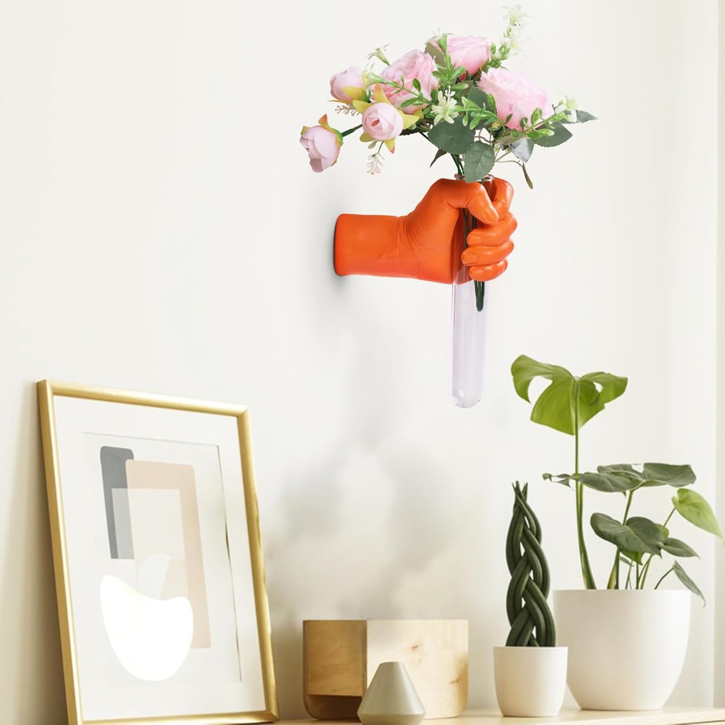 Gold Wall Sculptures, Hand Vases Home Decor, Wall Mount Art Sculpture, Unique Wall Art Statue, Funky Flower Vase Decorations, Modern Eclectic Hanging Decor,Glass Test Tube Vase