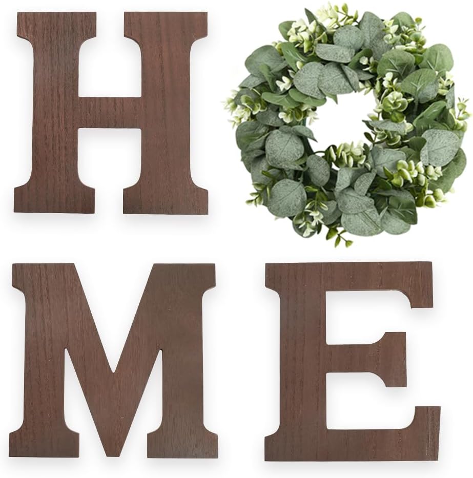 Pinkpum Wood Home Sign with Artificial Eucalyptus Wreath for O, Hanging Farmhouse Wall House Decor Wood Letters for Wall Art Rustic Home Decor, Wall Decor for Living Room Kitchen Entryway (Black)