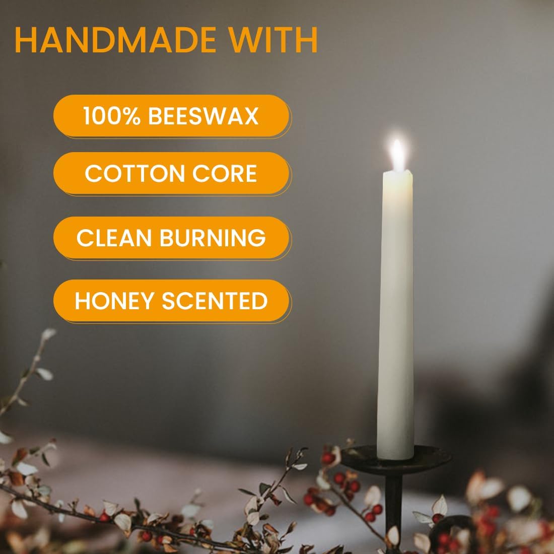 16PCS Beeswax Taper Candles, 9" Handmade Natural Candles, Dripless and Smokeless，9 Hour Burn Time