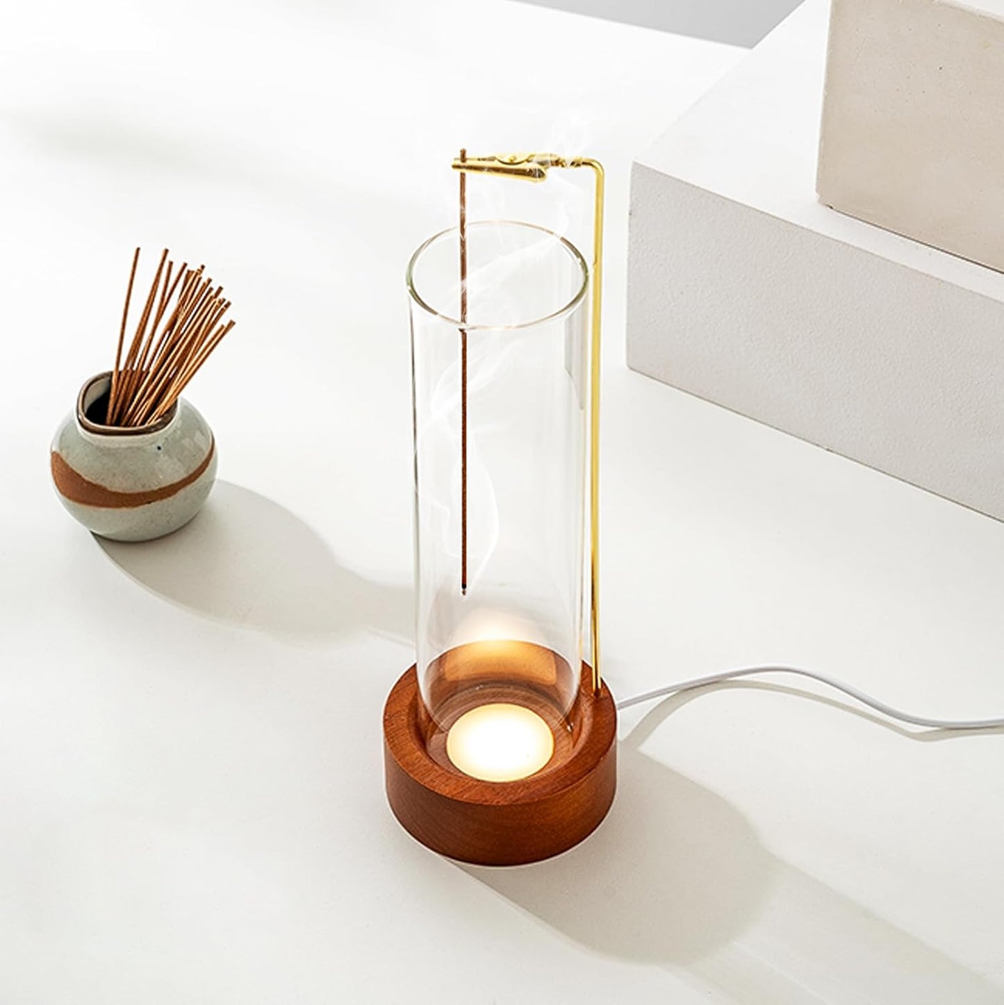 Incense Holder for Sticks, Anti-Ash Flying Incense Burner with 30 Incense Sticks, Detachable Glass Ash Catcher (Wood, Brown)