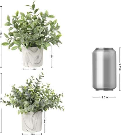 Hollyone Mini Artificial Potted Plants Fake Plants in Marble Pots, 1Pcs Plastic Eucalyptus Greenery Faux Plants for Home Office Desk Room Centerpiece Shelf Décor