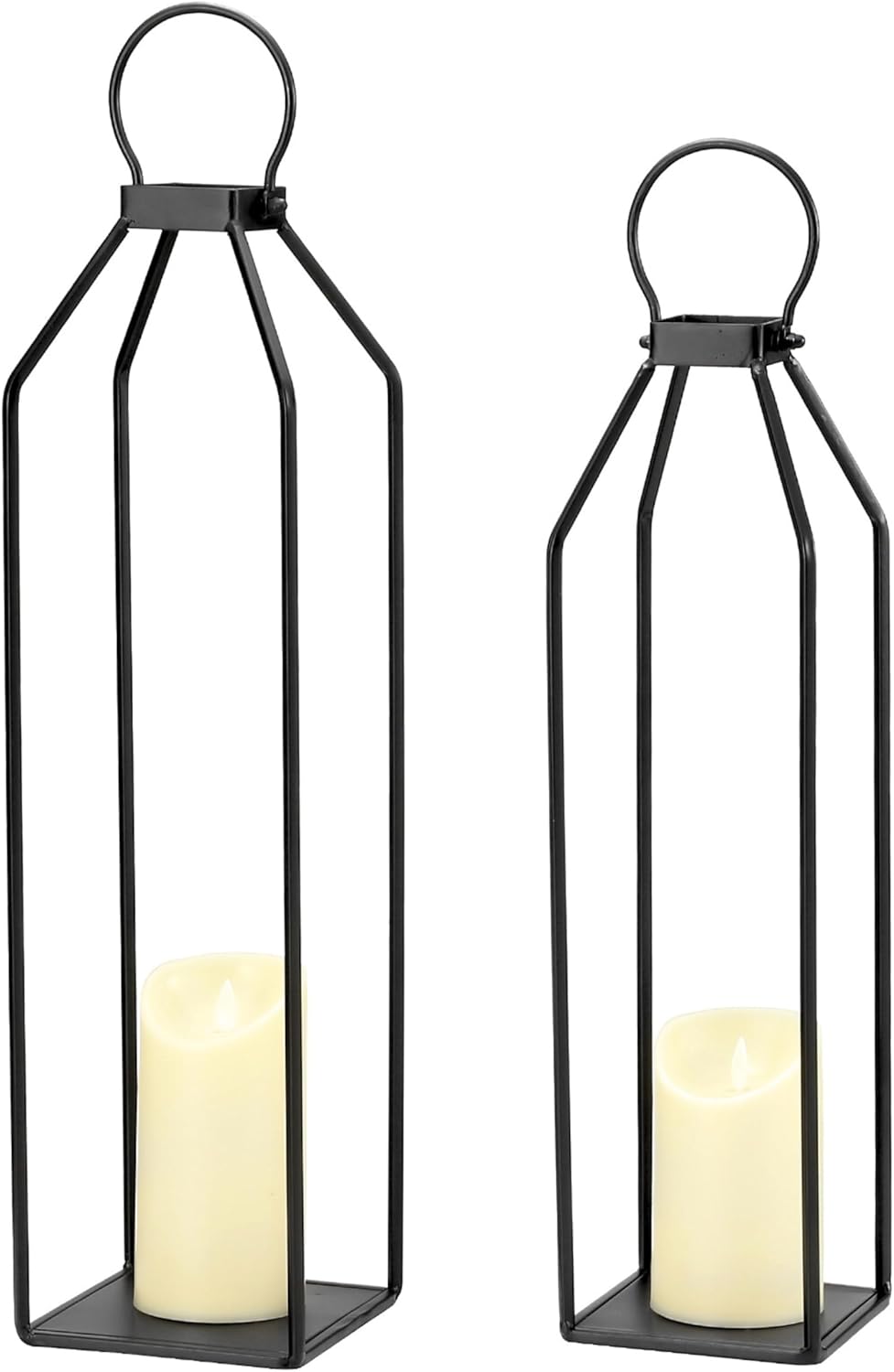Perfnique Modern Farmhouse Lantern Decor, 15'' 13'' Set of 2 Black Metal Lantern, 2 LED 6hr Timer Flameless Candles ＆ Remote Timer, Lanterns Decorative for Outdoor, Home, Indoor, Patio, Christmas