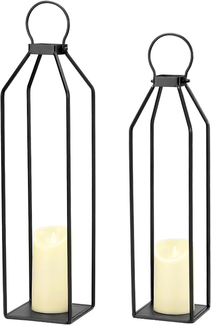Perfnique Modern Farmhouse Lantern Decor, 15'' 13'' Set of 2 Black Metal Lantern, 2 LED 6hr Timer Flameless Candles ＆ Remote Timer, Lanterns Decorative for Outdoor, Home, Indoor, Patio, Christmas