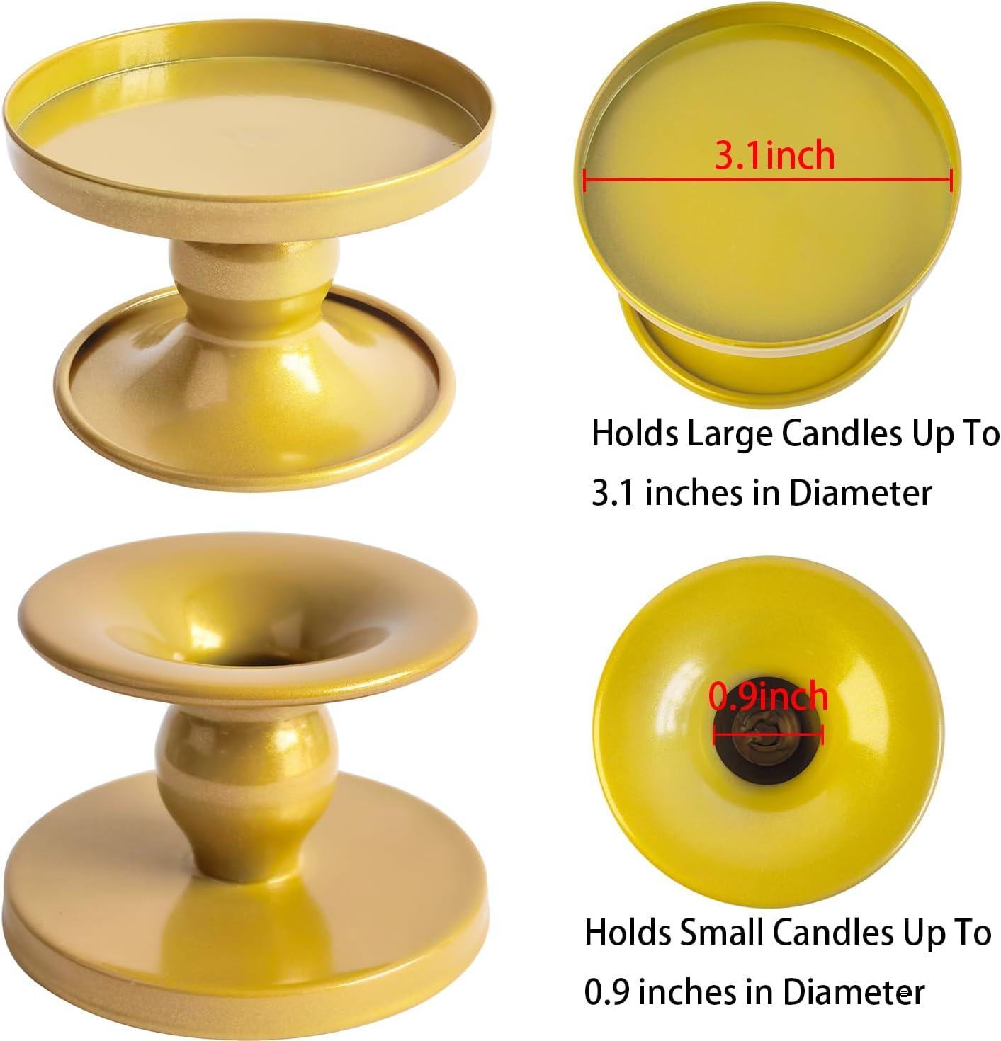 Table Gold Candle Holders – Set of 2 | Reversible Metal Candle Stand for Pillar & Taper Candles | Stylish Tabletop Candle Tray for Home Décor, Weddings & Special Occasions (Gold)