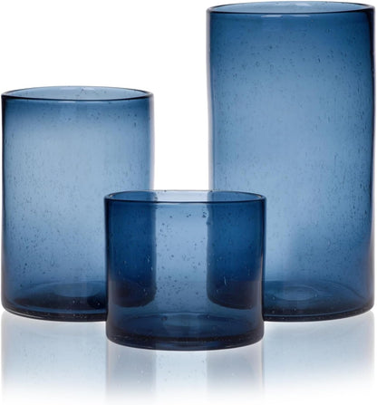 Hurricane Candle Holders for Pillar Hand Blown Glass Cylinder Vases Table Centerpiece Bulk Room Decor Clear Seeded Bubbles Living Dining Kitchen Island 10" 7" 4" Set of 3