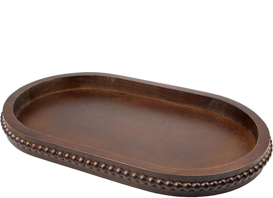 Hrastany Wood Decorative Serving Tray with Bead, Round Vintage Wooden Ottoman Tray for Home Centerpiece, Counter Organizer, 13” Circle Tray for Kitchen, Living Room (Rustic Brown)