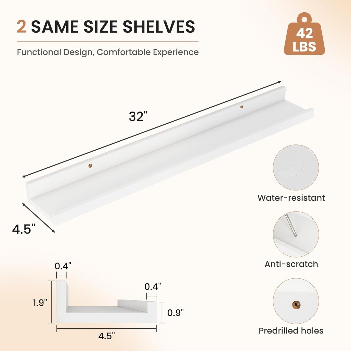 Dreamland Picture Ledge Shelf for Wall, Floating Shelves Set of 2, 48 Inch Long Floating Shelves with Lip for Living Room, Bedroom, Bathroom, Kitchen, White