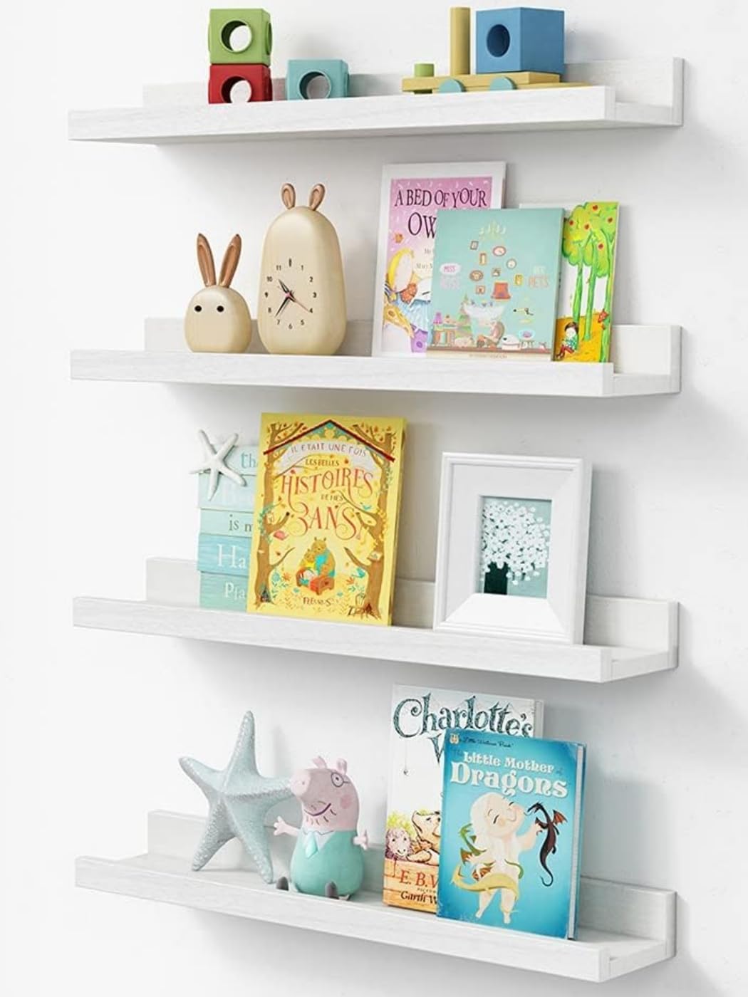 Forbena 36 Inch Floating Shelves for Wall 4-Pack, Large Nursery Book Shelves Bookshelf for Kids Bedroom, Long Picture Ledge Shelf with Lip for Living Room Photo Frames Art Display (White Solid Wood)