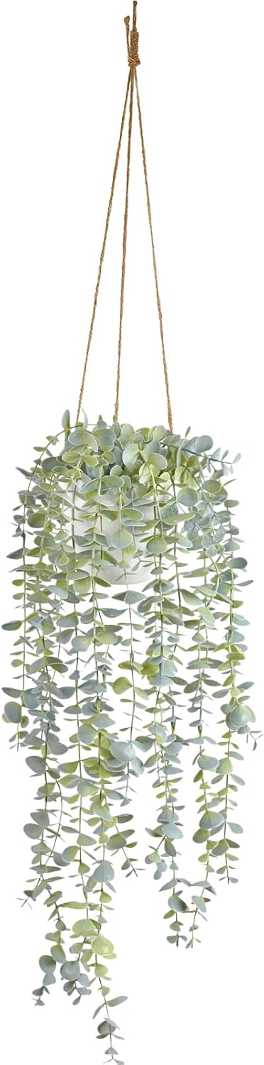 Decorative Hanging Plants for Shelf, Faux Ivy Eucalyptus Vine, Fake Greenery in White Bigger Pot (Light Green, 1PCS)