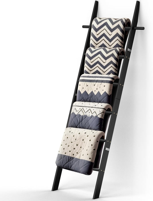 Farmhouse Wooden Blanket Ladder with Removable Hooks, 6-Tier Rustic Blanket Rack Decorative Stand, Leaning Towel Quilt Rack Holder for Bathroom Living Room Decor Brown