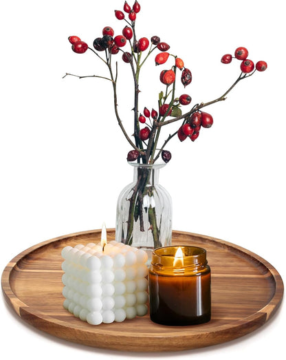 Round Decorative Tray for Coffee Dining Table Countertop Small Wooden Serving Trays Farmhouse Kitchen Home Living Room Decor and Bathroom Accessories Tray Black Rustic Wood Candle Centerpiece Trays