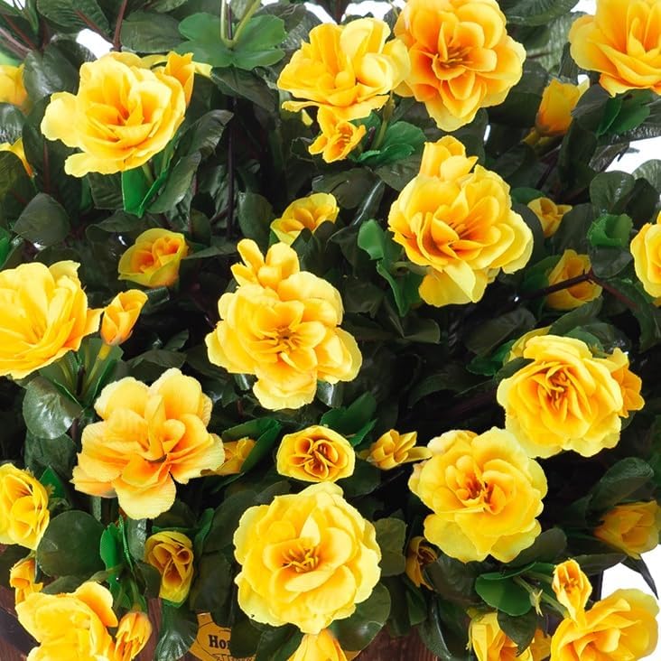 Ivydale Artificial Fake Flowers Plants for Outdoor Outside Spring Decor, Faux Silk Yellow Camellia UV Resistant Look Real for Planter Pot Porch Patio Balcony Garden Yard, 3 Large Bundles